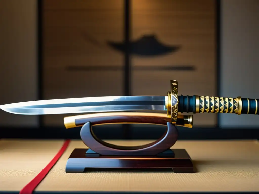 Comparación entre katana y wakizashi en soporte de espadas japonés, destacando diferencias y similitudes en detalle artesanal