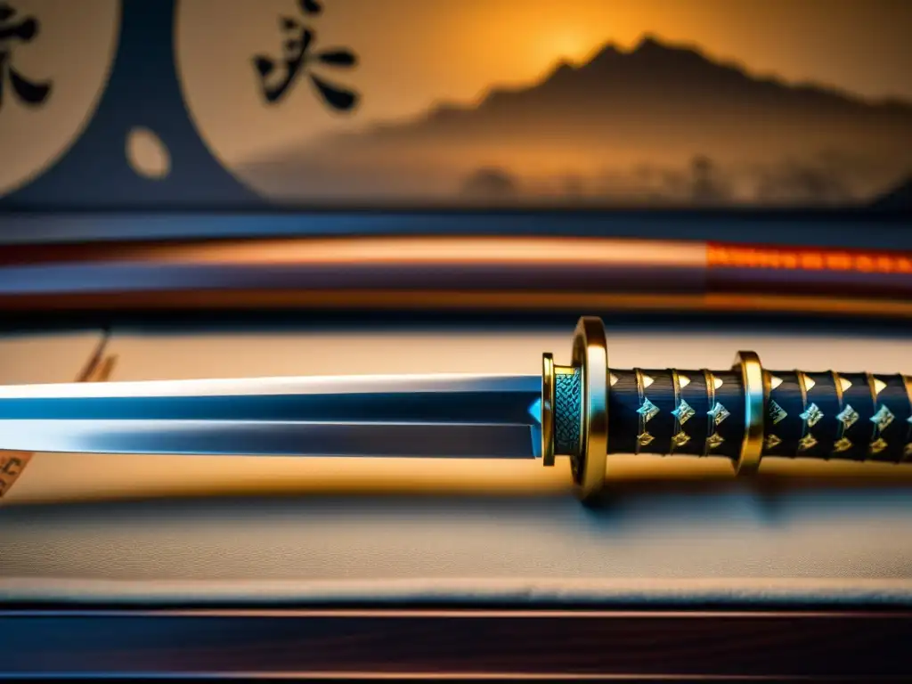 Una katana descansa sobre un soporte, reflejando luz ambiental