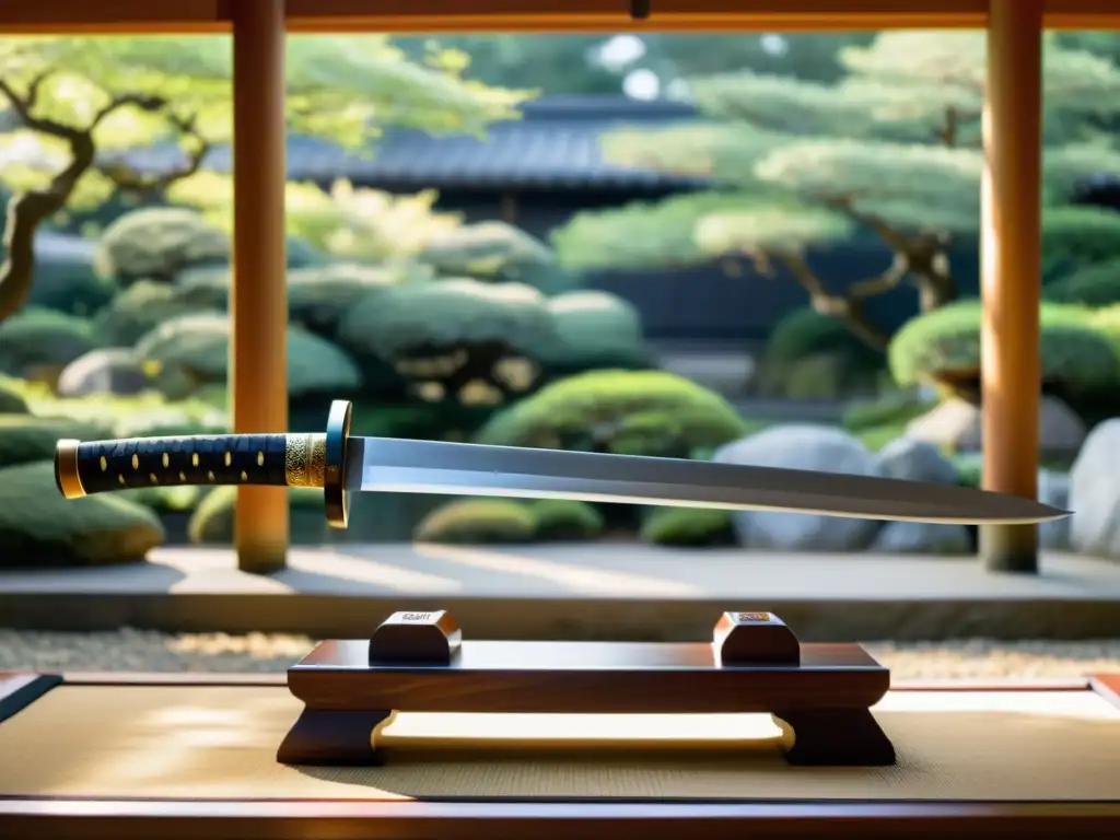 Una katana descansa en un soporte de madera, con detalles de artesanía japonesa