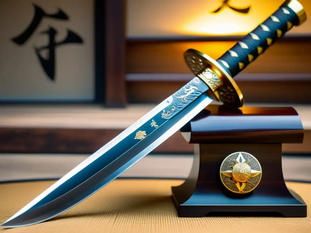 Un katana descansa sobre un soporte de madera, con diseños intrincados y símbolos que reflejan el arte del haiku en la cultura samurái