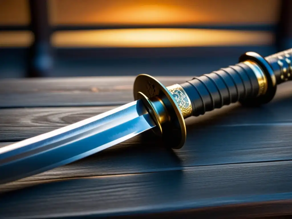 Una katana samurái descansa sobre un soporte de madera en un dojo iluminado suavemente, reflejando la importancia del código imperial samurái