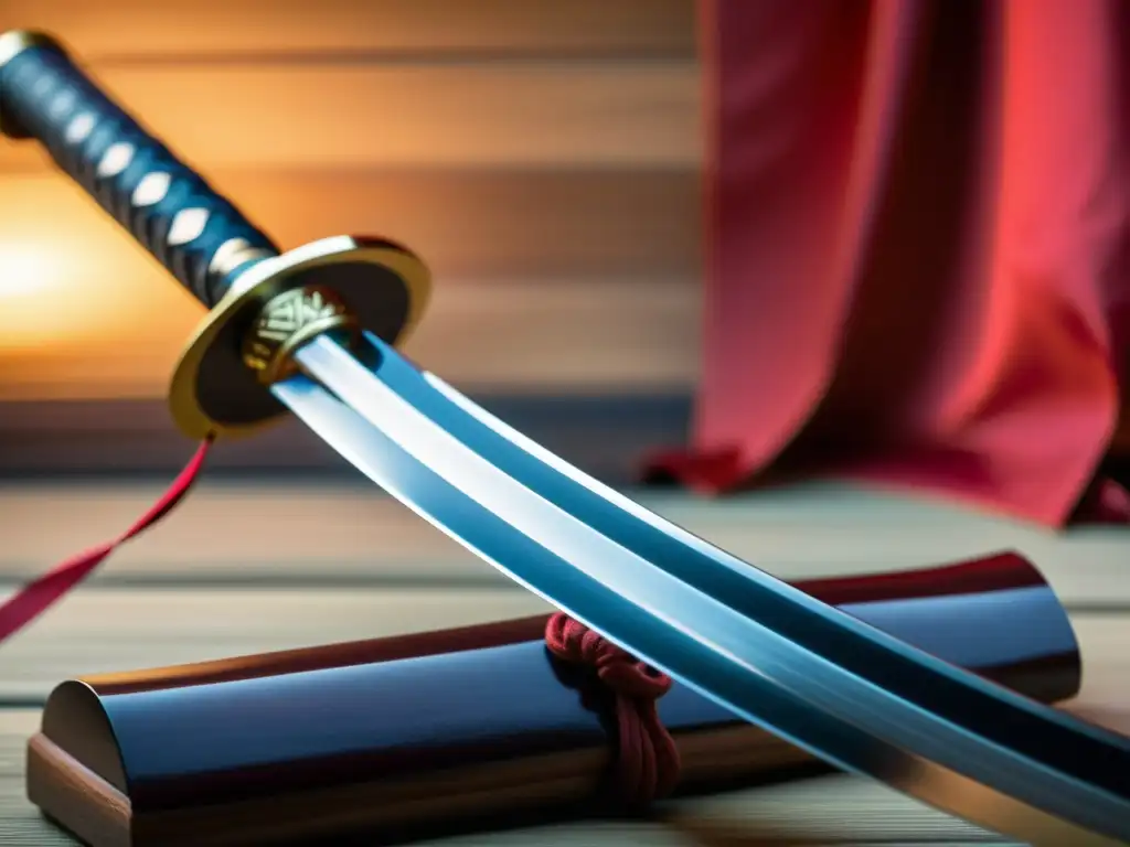 Una katana descansa en un soporte de madera en un dojo japonés, mostrando la conexión samurái Kamikazes Japón con su historia y honor