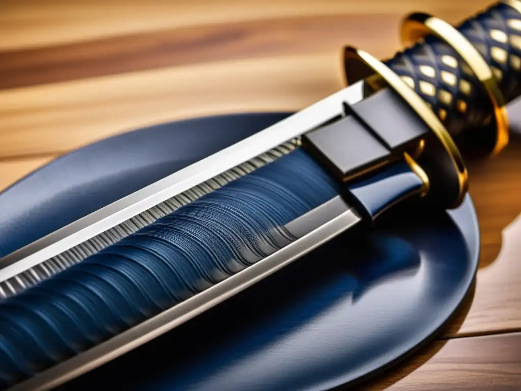 Katana samurái: detalle artesanal y precisión letal Una katana descansa sobre un soporte de madera con kanji, resaltando su equilibrio y arte marcial samurái en una atmósfera de honor y disciplina