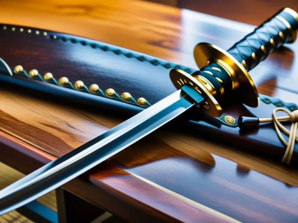 Una katana descansa en un soporte de madera, destacando su hermosa artesanía y rica pátina