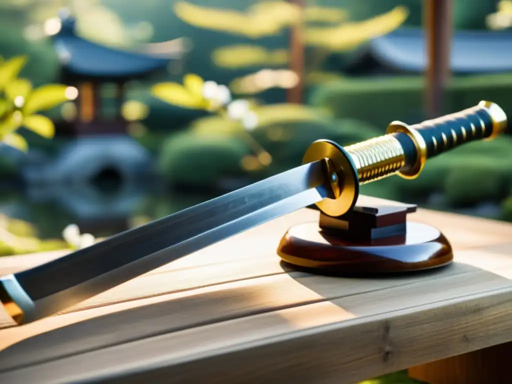 Una katana descansa sobre un soporte de madera, con la hoja brillando al sol