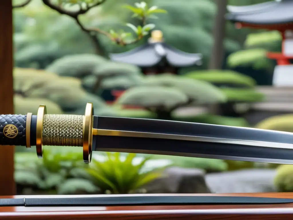 Una katana descansa en un soporte de madera, con hoja afilada y detalle exquisito