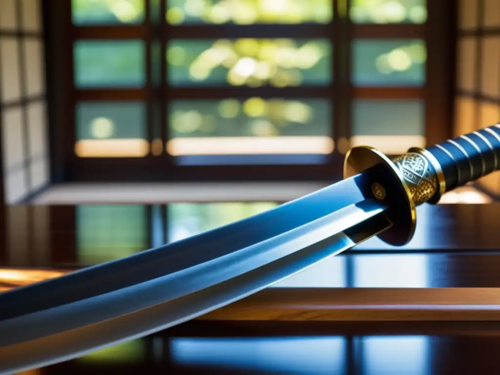 Una katana descansa en un soporte de madera, iluminada por la luz cálida en un dojo japonés, evocando el tema de venganza en películas samurái