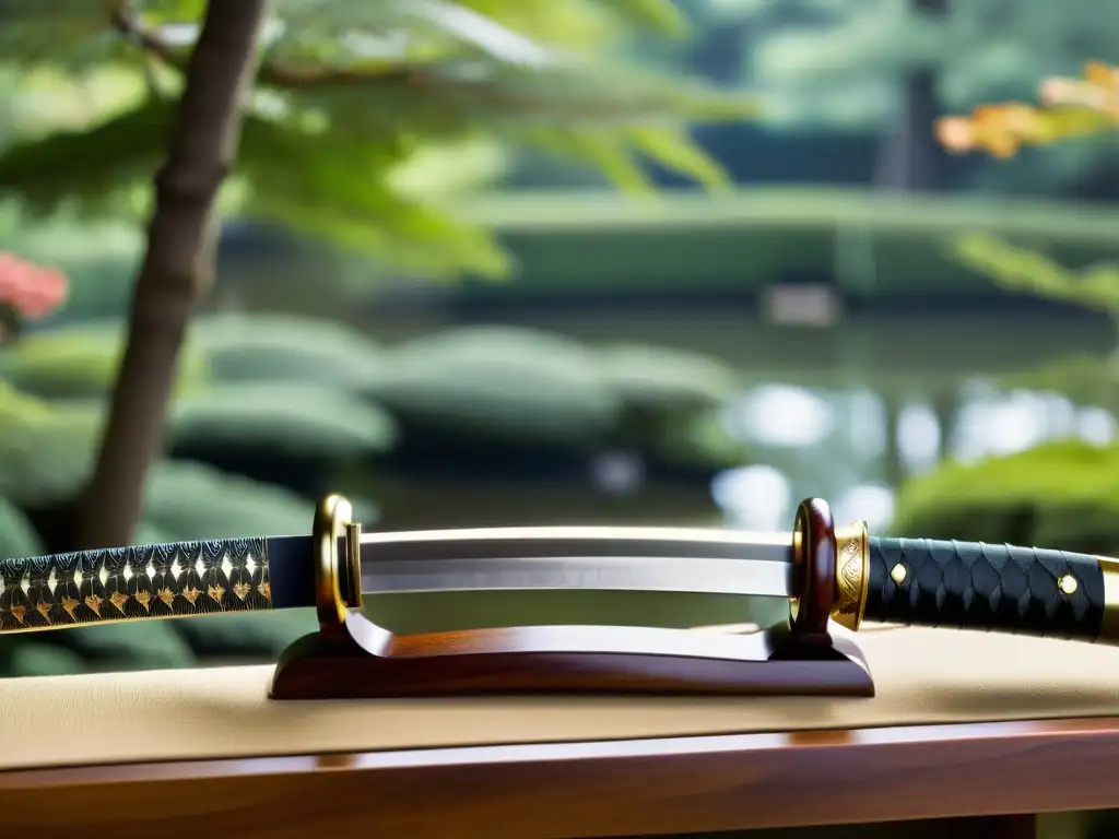 Una katana descansa sobre un soporte de madera en un jardín japonés, evocando lecciones de negociación samurái modernas