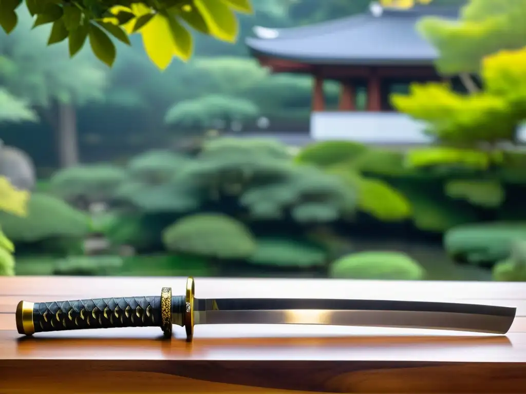 Una katana descansa en un soporte de madera en un jardín japonés sereno, mostrando la espiritualidad en la vida samurái