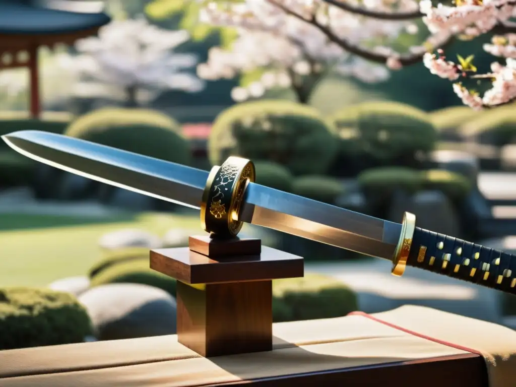 Una katana descansa en un soporte de madera en un jardín japonés con árboles de cerezo en flor, evocando el pensamiento estratégico samurái cursos