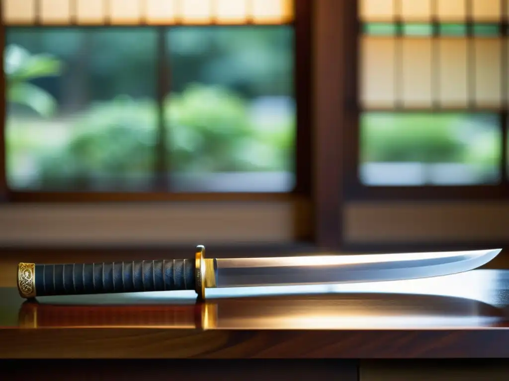 Una katana descansa sobre un soporte de madera pulida, con detalles exquisitos y una luz cálida, celebrando contratos comerciales al estilo samurái