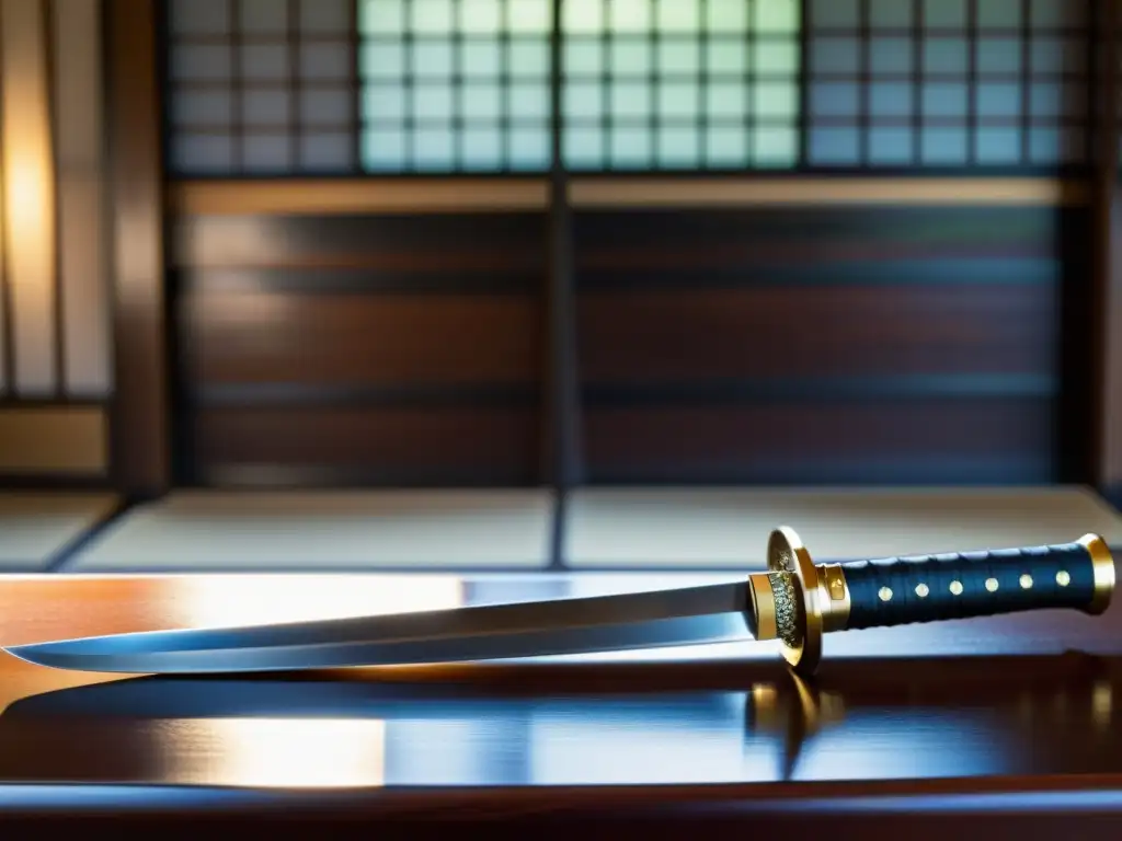 Katana japonesa: elegancia atemporal Una katana descansa sobre un soporte de madera pulida, iluminada por la suave luz natural