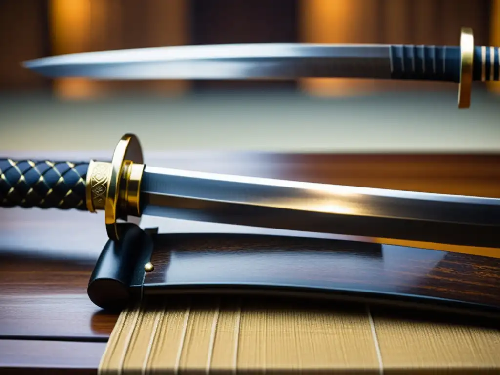 Una katana descansa sobre un soporte de madera pulida en un dojo tradicional, evocando tácticas y estrategias guerreras samuráis