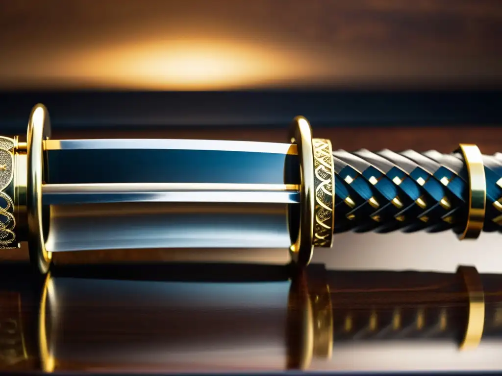 Una katana samurai descansa sobre un soporte de madera pulida, iluminada con detalle