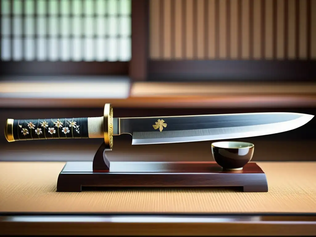 Katana samurái y ceremonia del té: elegancia tradicional Una katana descansa sobre un soporte de madera, con reflejos de luz y un set de té, capturando la elegancia de la cultura samurái