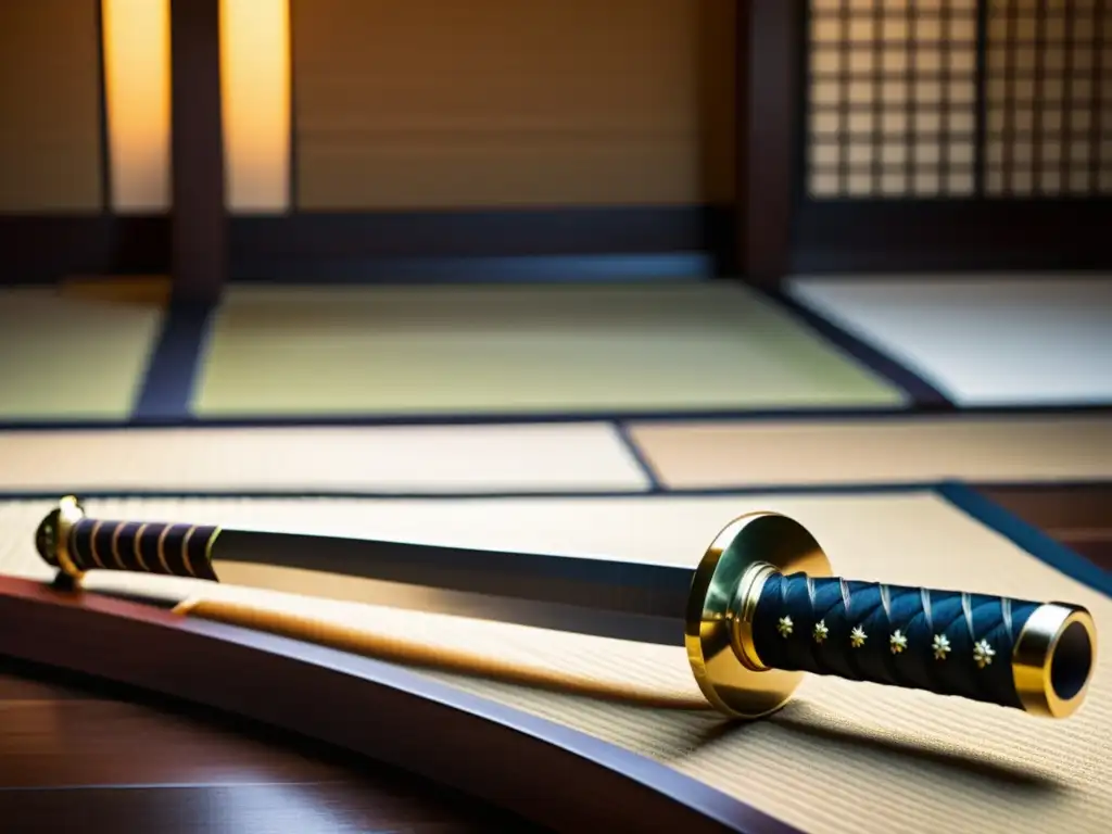 Una katana descansa en un soporte de madera en una habitación tradicional japonesa, mostrando la influencia confuciana en el arte samurái