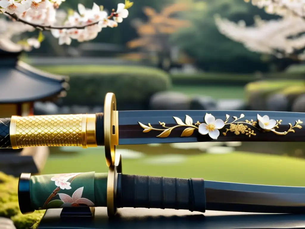 Una katana samurái descansa sobre un soporte tradicional en un sereno jardín japonés con consejos colección katana samurái