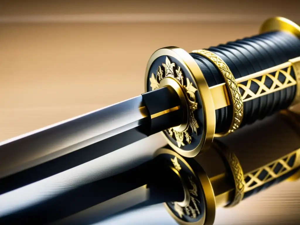 Una katana samurái en un stand, reflejando la artesanía exquisita y la historia, con la palabra clave 'Medidas de seguridad para espadas samurái'