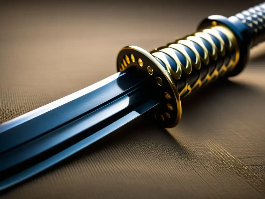 Una katana samurái táctica de alta resolución, con detalles intrincados y envuelta en misterio en un tradicional dojo japonés