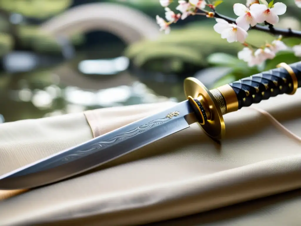 Katana japonesa: artesanía y elegancia atemporal Una katana descansa sobre un tapiz de seda con patrones de cerezos y agua