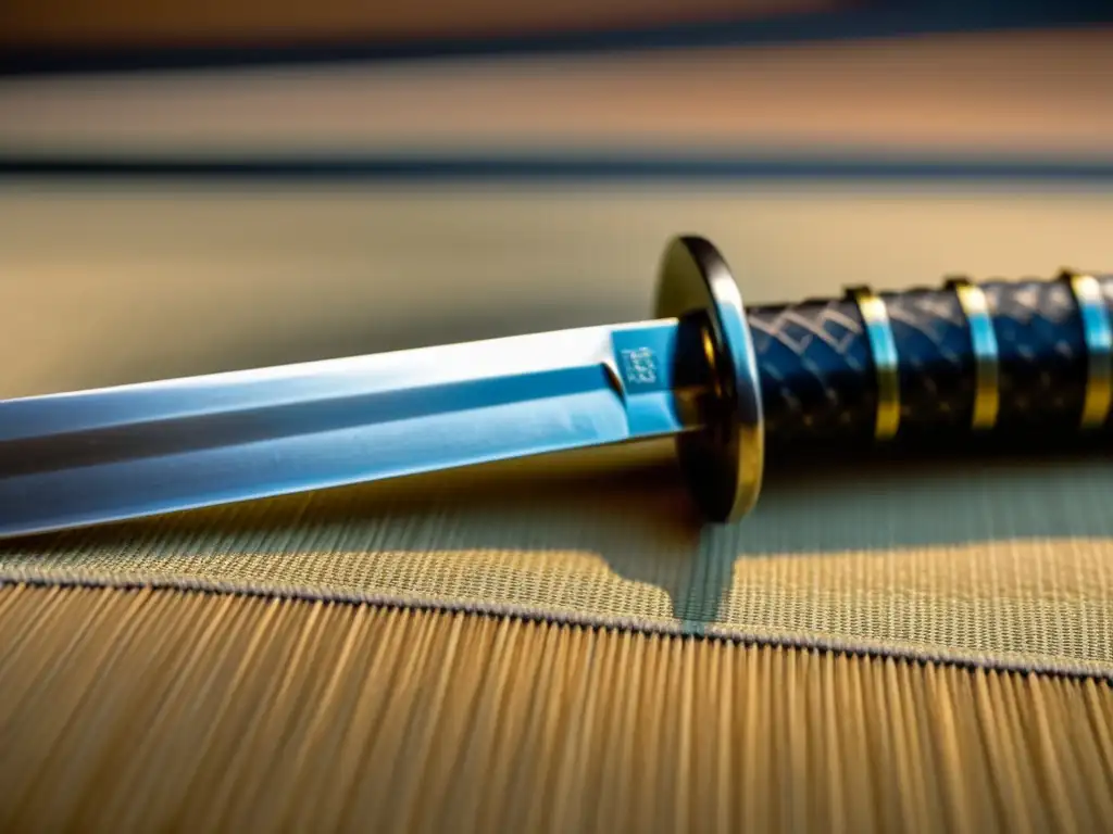 Una katana descansa sobre un tatami, evocando la espiritualidad del samurái en textos filosóficos