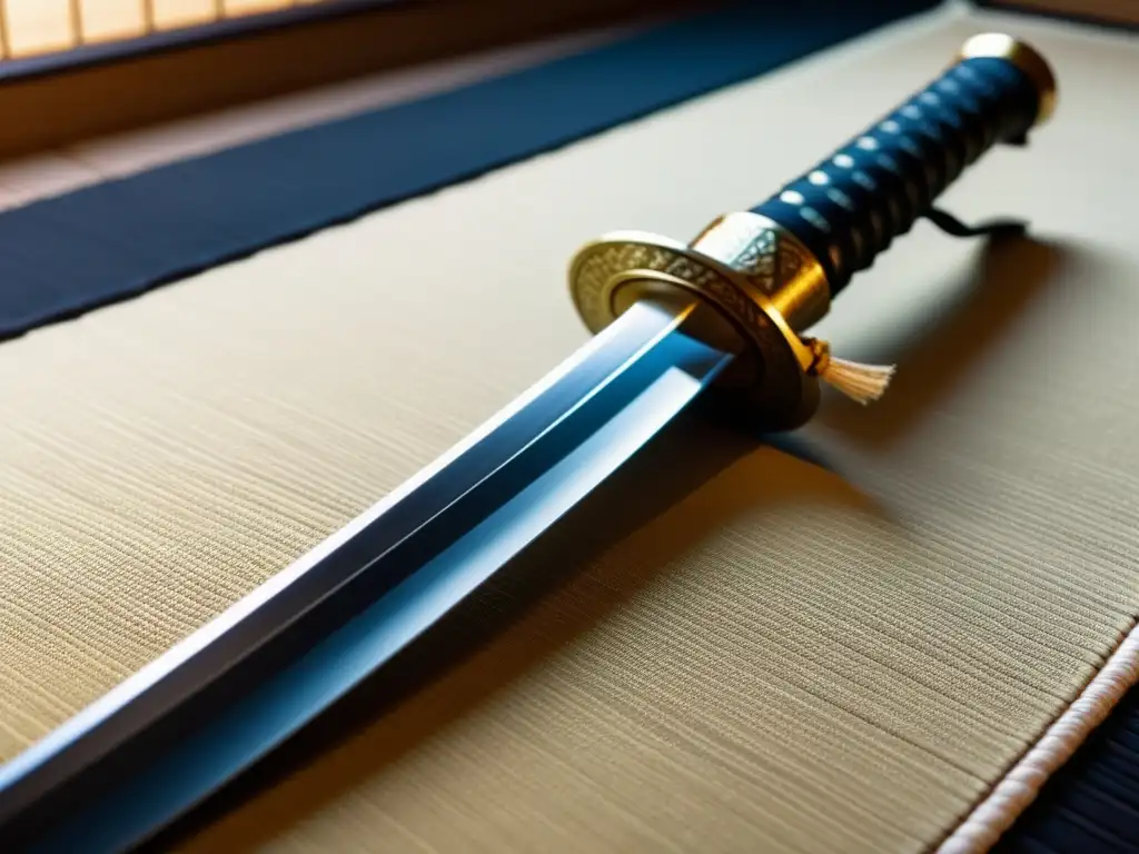 Una katana descansa sobre un tatami, revelando su exquisita artesanía y su significado en las prácticas religiosas samurái