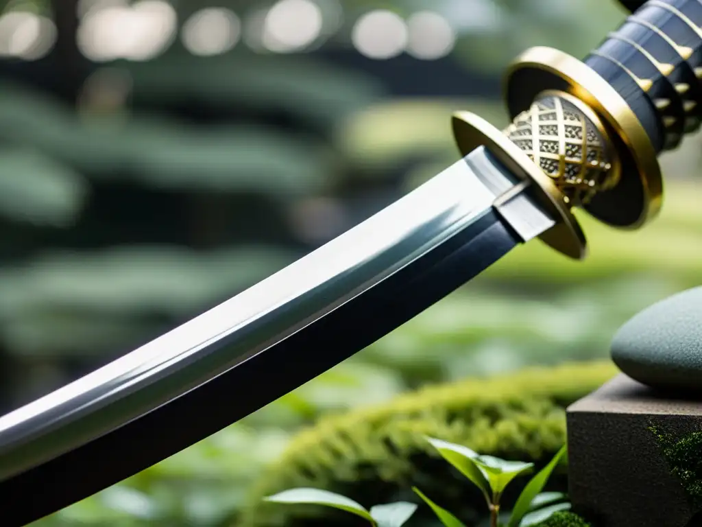 Una katana tradicional con detalles intrincados, parcialmente desenvainada, refleja la artesanía exquisita en un jardín japonés sereno