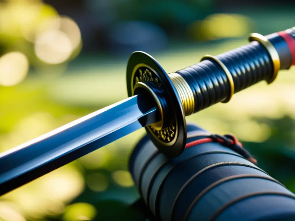 Una katana tradicional japonesa, con detalles visibles y reflejando la luz suave de un jardín japonés