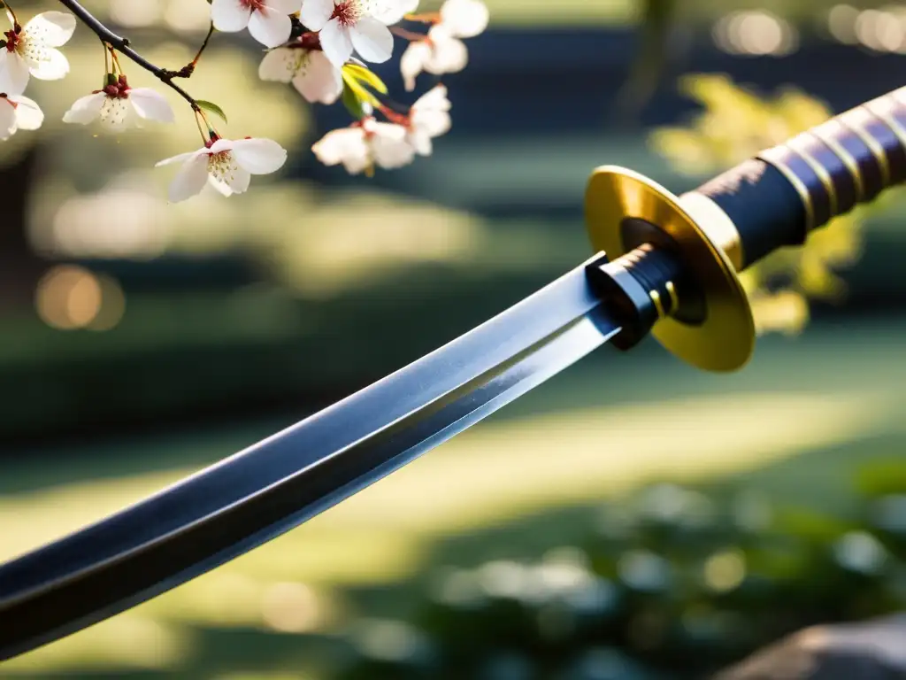 Una katana samurái tradicional refleja la luz suave en un jardín japonés