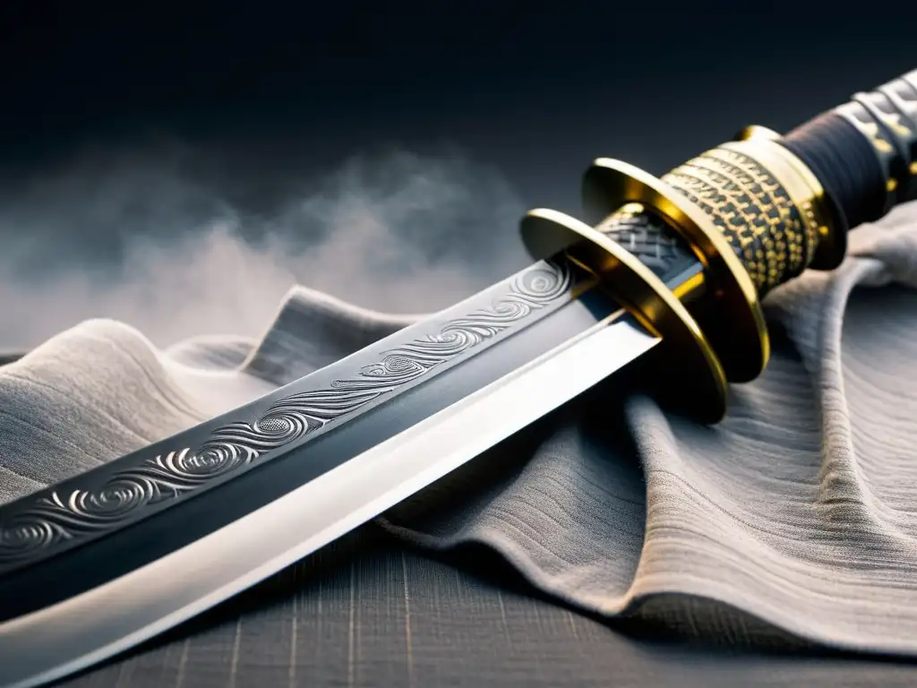 Katana samurái: detalle forjado en niebla Una katana tradicional revela sus materiales inusuales en equipamiento samurái, envuelta en misterio y detalle