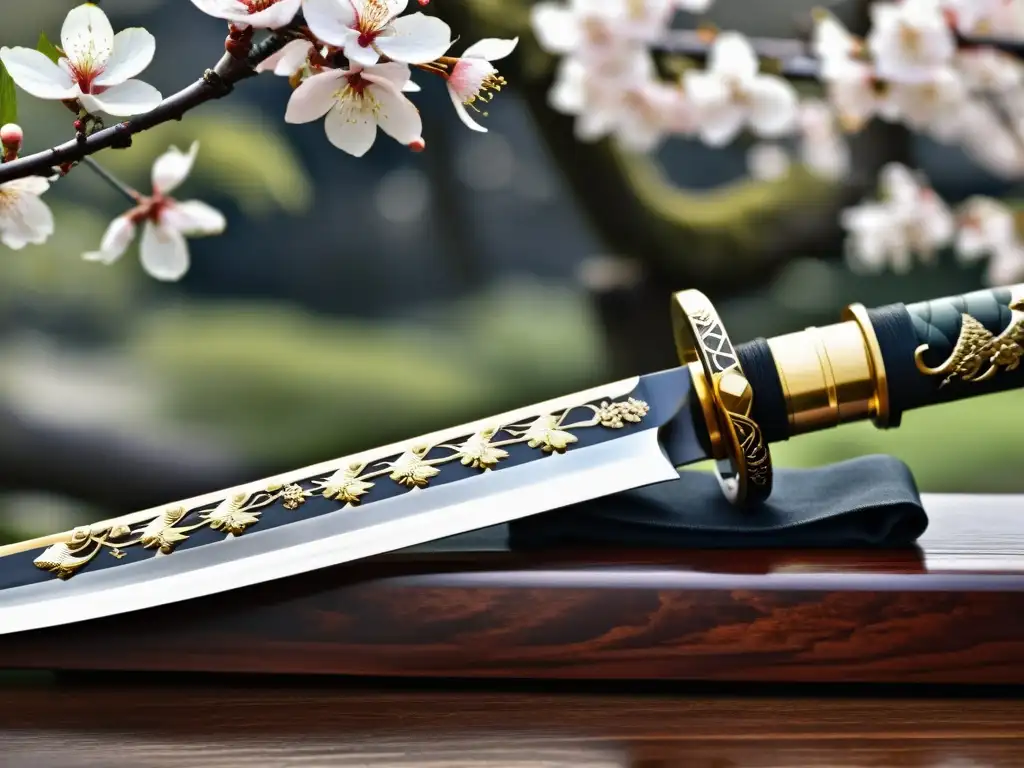 Una katana tradicional reposa sobre un soporte de madera oscura, destacando su belleza y artesanía