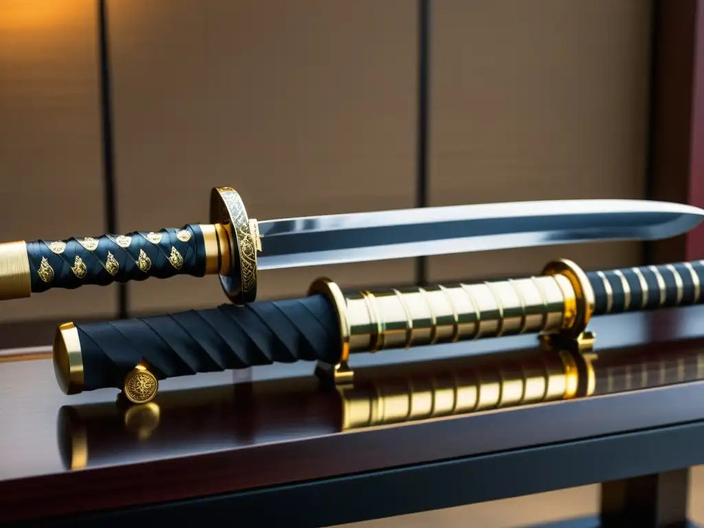 Dos katanas en un soporte tradicional, mostrando las diferencias entre katanas ceremoniales y de batalla