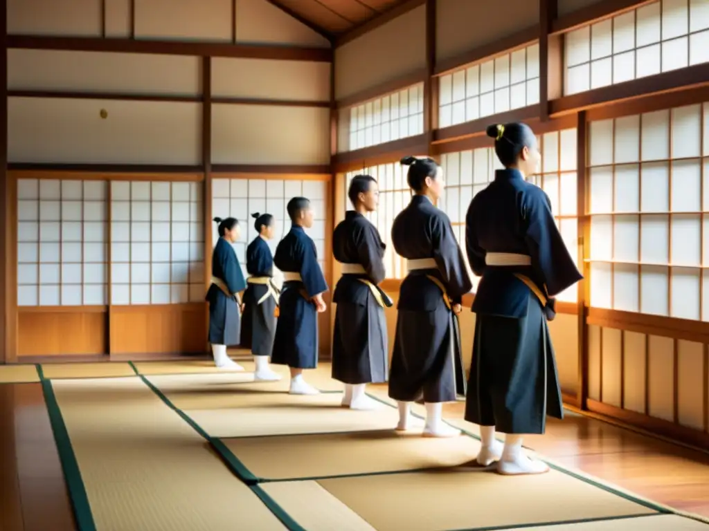 Práctica de kendo en un dojo japonés tradicional con disciplina y respeto