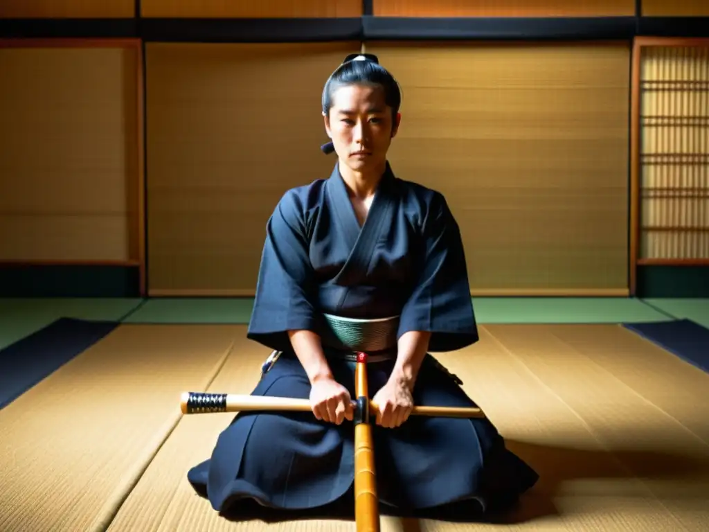 Práctica de kendo para meditación: intensa concentración en el dojo, con movimientos y sombras dramáticas en el tatami