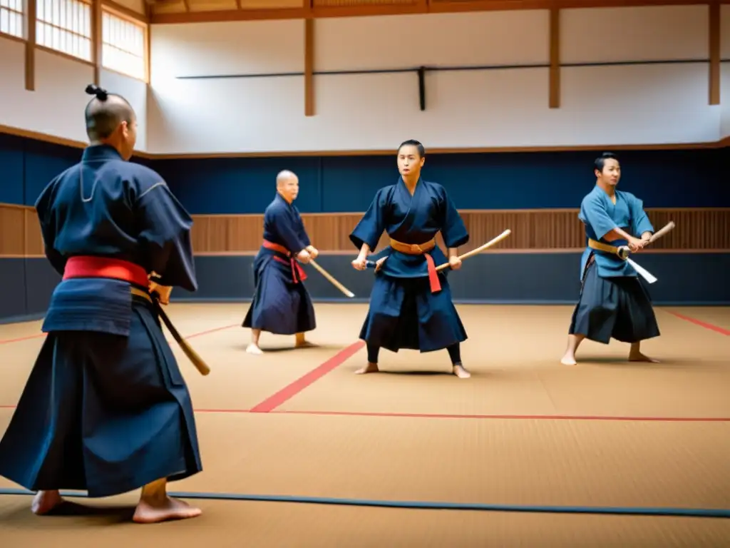 Práctica de Kendo con terminología esencial, enfocado en la disciplina y precisión de los practicantes en un dojo iluminado por luz natural