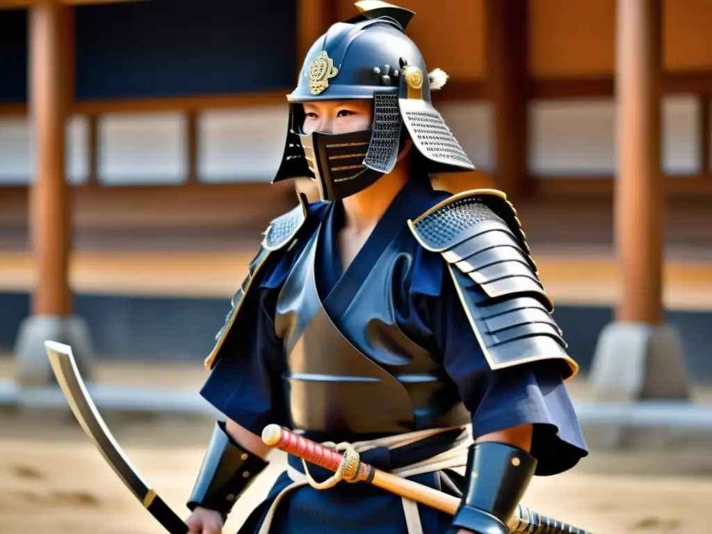 Un kendoka viste Armadura samurái y sostiene un shinai, listo para el combate, destacando la artesanía y la intensidad