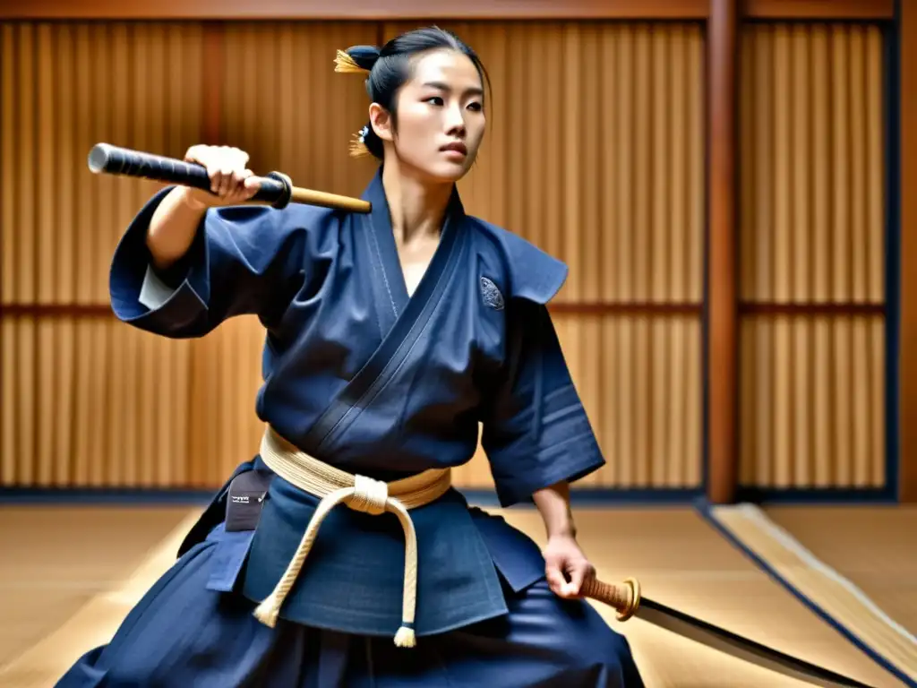 Un kendoka famoso en atuendo tradicional de kendo, demostrando técnicas de respiración en un intenso combate de kendo en un dojo japonés