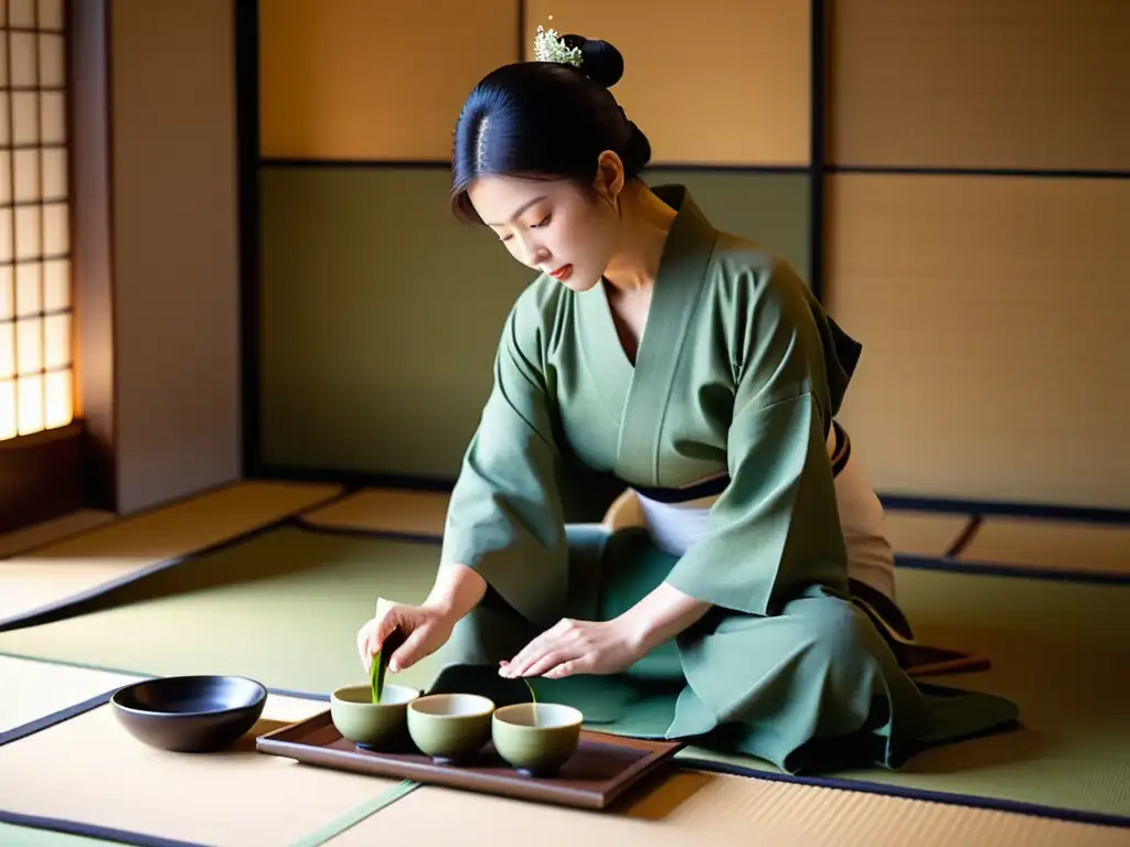 Hostesa en kimono sirve matcha en ceremonia del té japonés en tatami