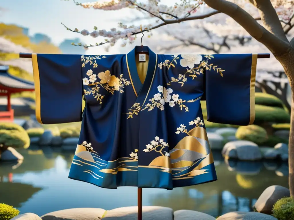 Un kimono samurái bordado con escenas de batalla y honor, en un jardín japonés sereno con cerezos en flor