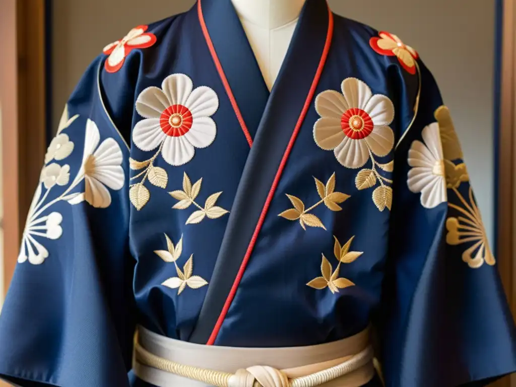 Un kimono samurái bellamente elaborado en índigo profundo, con patrones tradicionales y placas de armadura, emana gracia y fuerza