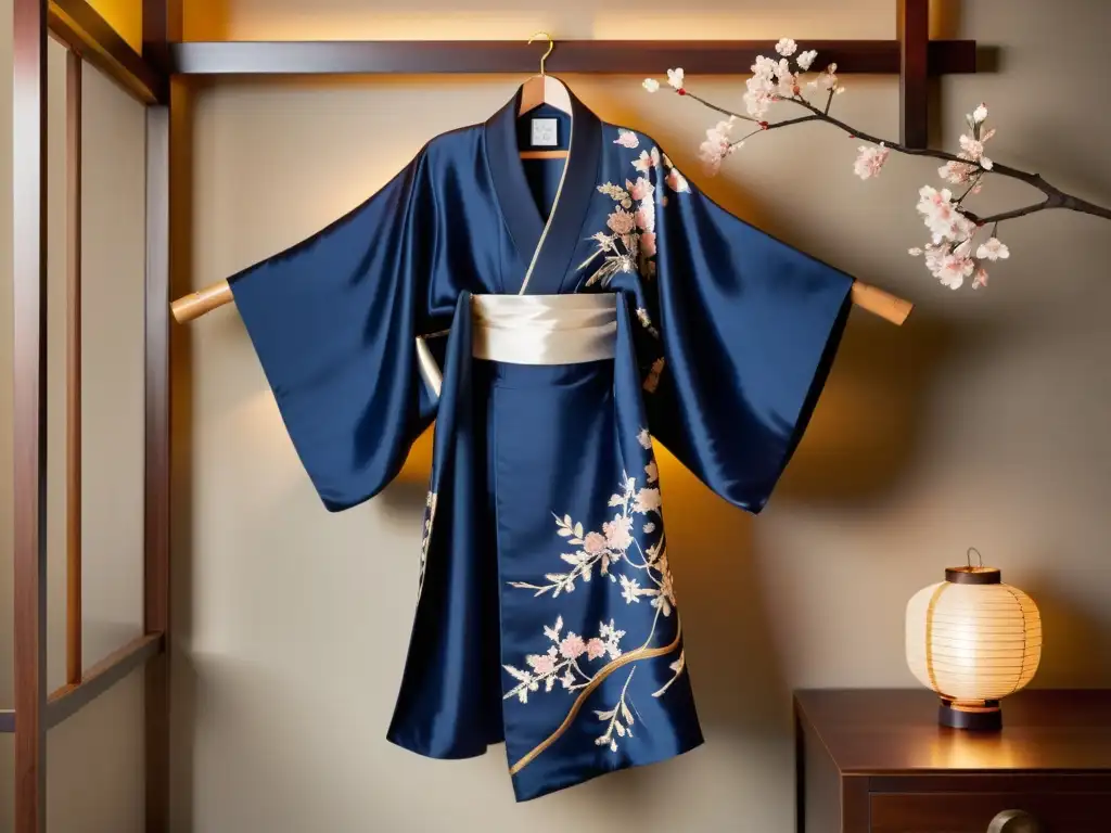 Un kimono de seda azul profundo con bordados de cerezos y ríos, iluminado por una lámpara de papel