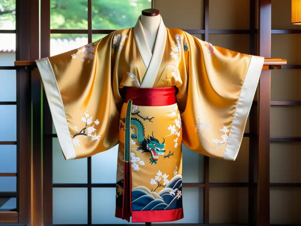 Un kimono de seda ricamente bordado con motivos de cerezos y dragones, cuidadosamente colocado sobre un soporte de armadura de madera