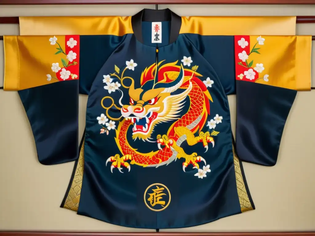 Un kimono de seda con el emblema familiar de un samurái: un dragón feroz enroscado alrededor de un cerezo en flor