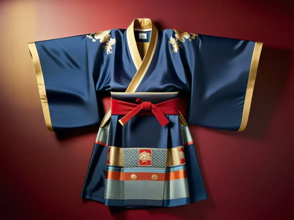 Kimono de seda y armadura samurái: una fusión de belleza y tradición Un kimono de seda con patrones vibrantes y bordados delicados se exhibe junto a armadura samurái antigua