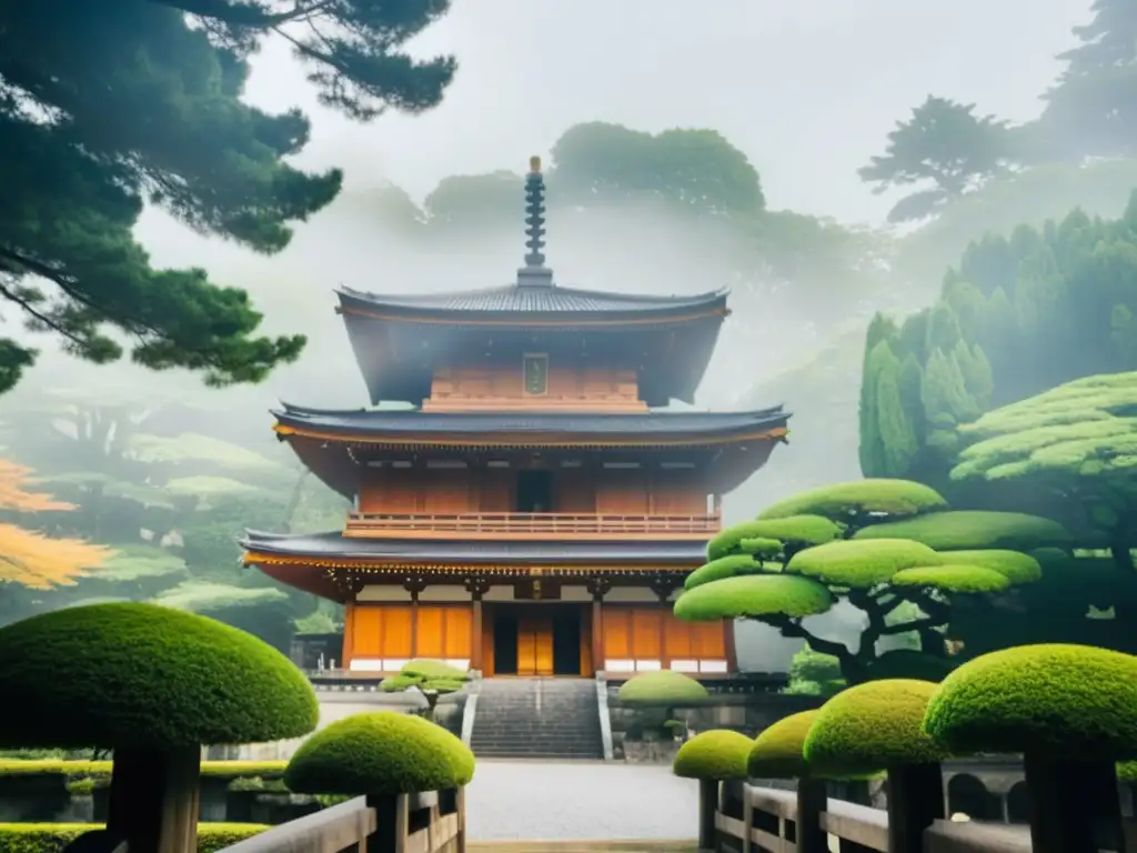 El Honnōji Temple en Kyoto, Japón, en una mañana brumosa