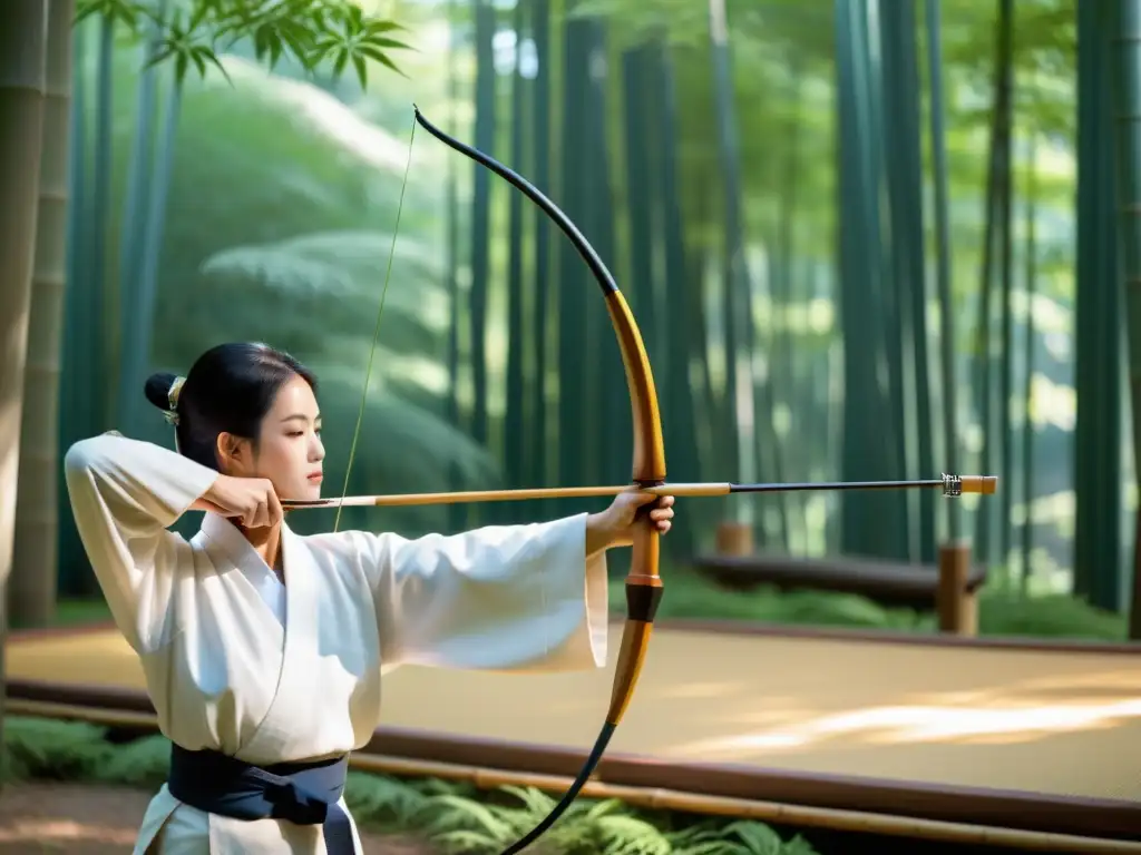 Iniciación en kyudo para principiantes en un dojo japonés, rodeado de un bosque de bambú