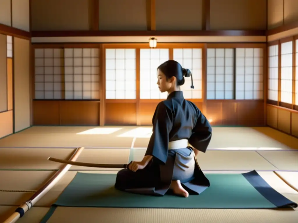 Iniciación en kyudo para principiantes: Maestro de kyudo en un dojo sereno, dibujando un arco yumi con precisión