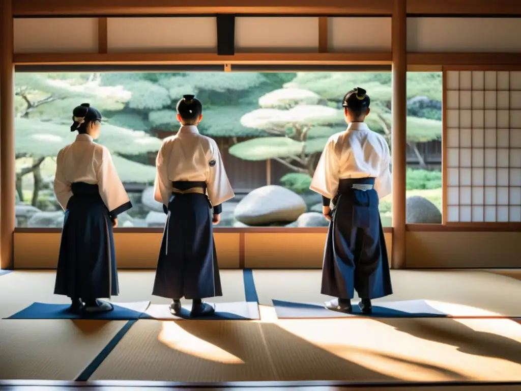 Práctica de Kyudo en un sereno dojo japonés, destacando la importancia de la meditación en Kyudo