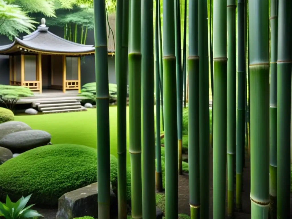 Un laberinto de bambú en un jardín japonés transmite la inspiración samurái en jardines japoneses con su atmósfera serena y verdor exuberante