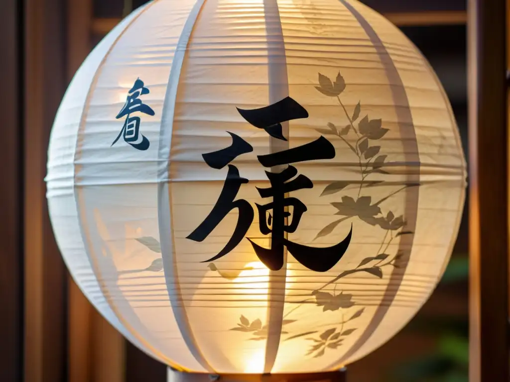 Una lámpara inspirada en Bushidō ilumina símbolos de caligrafía japonesa, creando un ambiente cálido y sereno en un entorno tradicional